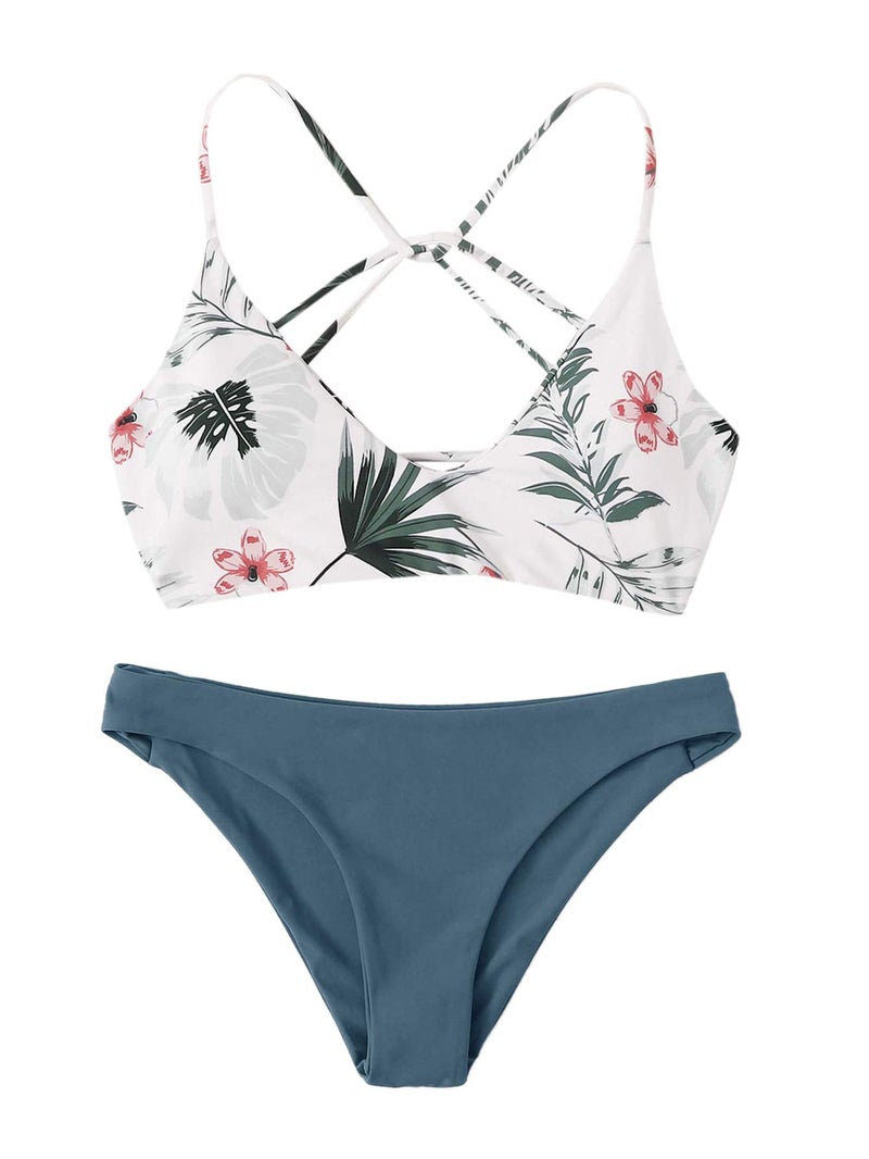 SweatyRocks Women's Sexy Bathing Suit Floral Print Cross Back Bikini Set Swimsuits White-1 L - Image 1